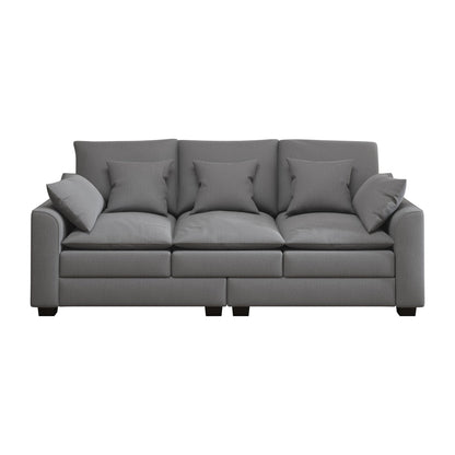 Canapé 3 places en polyester gris avec coussins et pieds en bois