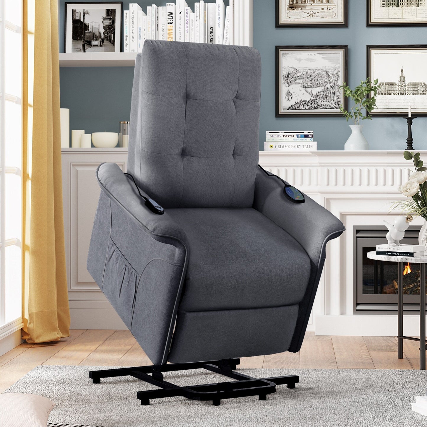 Fauteuil inclinable électrique gris pour personnes âgées avec massage réglable, coussin rembourré, télécommande et poches latérales
