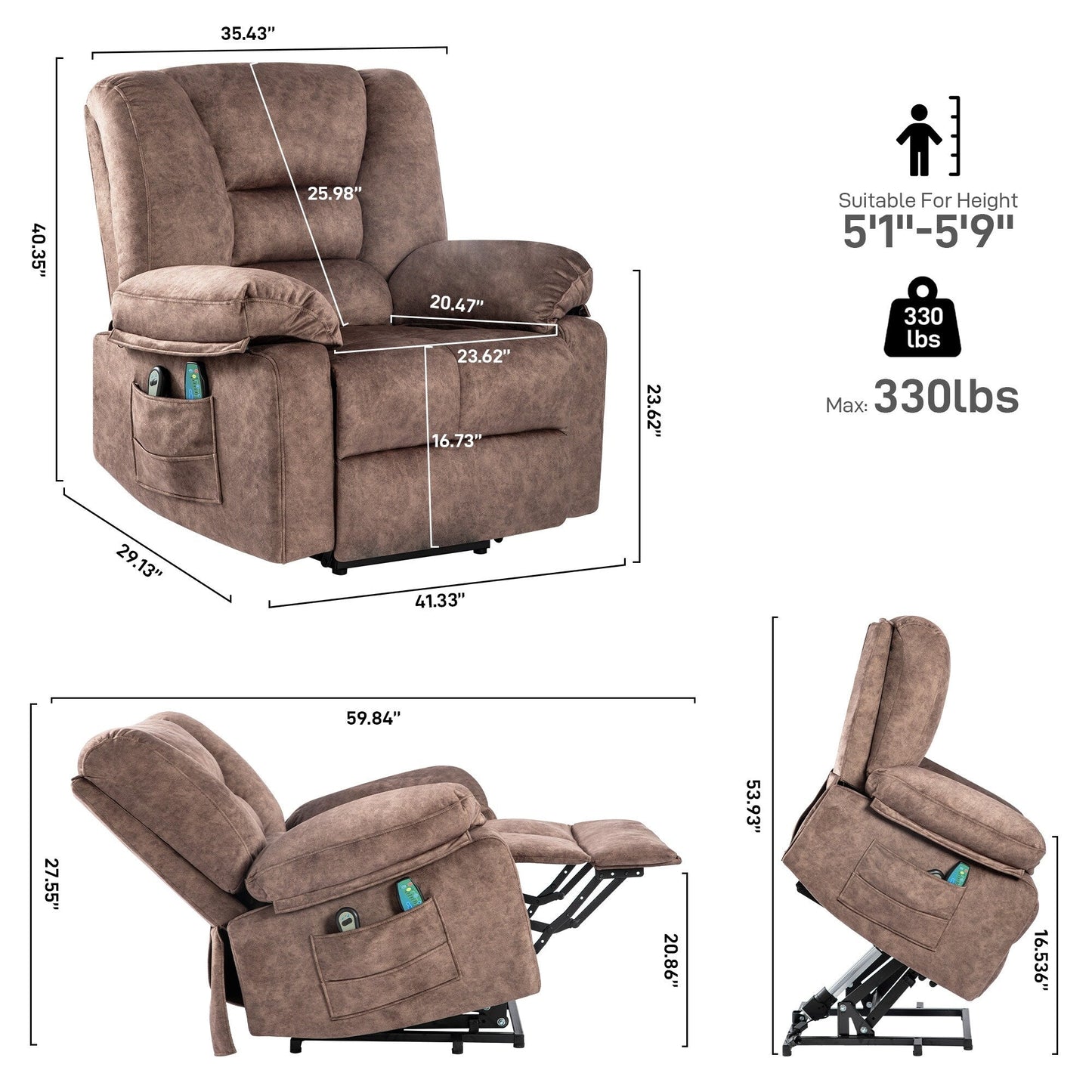 Fauteuil inclinable électrique gris pour personnes âgées avec fonctions de massage et de chauffage, capacité de 330 lb et inclinaison réglable jusqu'à 150°