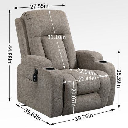 Fauteuil inclinable électrique gris avec massage, chauffage, port USB, soutien lombaire, deux porte-gobelets et poches latérales