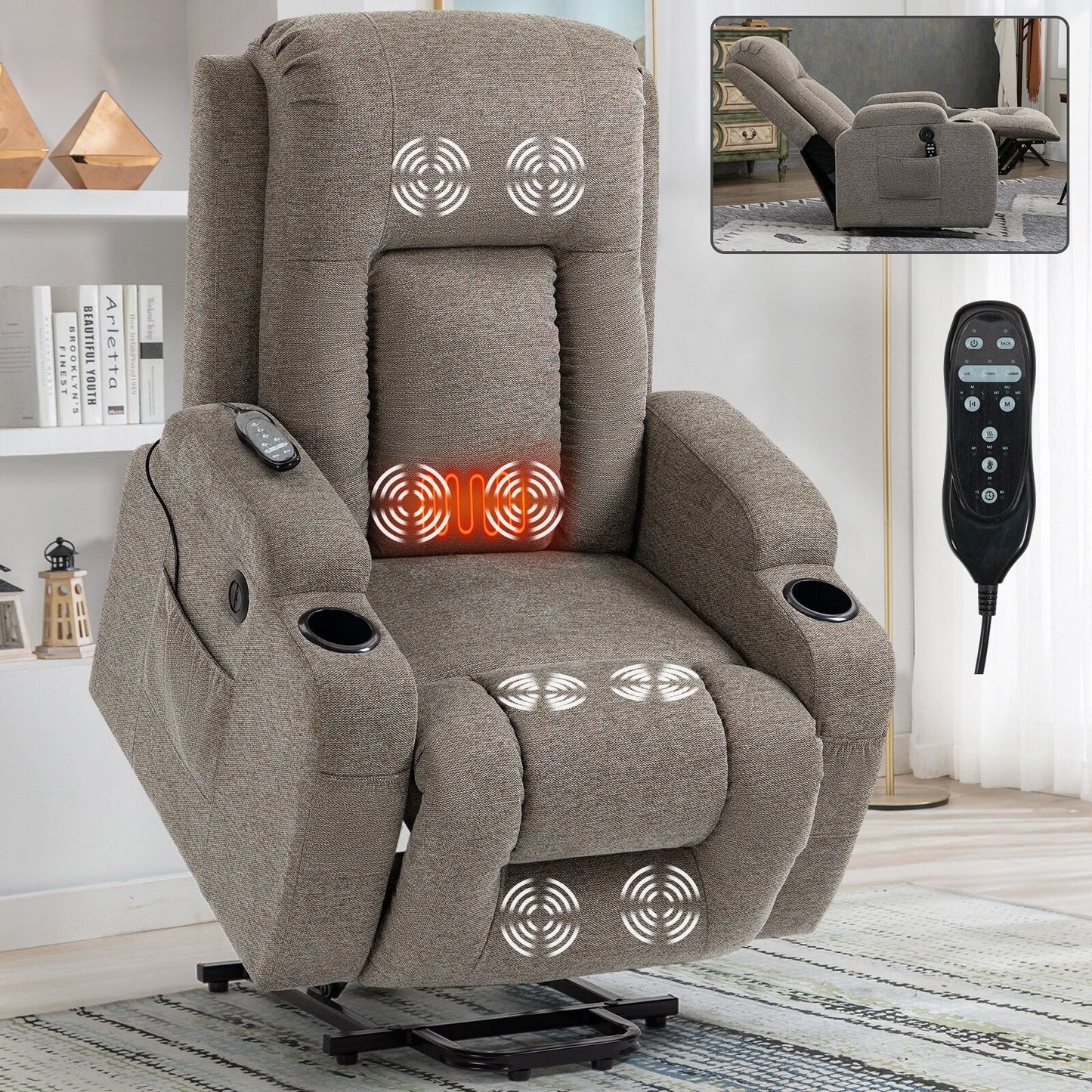 Fauteuil inclinable électrique gris avec massage, chauffage, port USB, soutien lombaire, deux porte-gobelets et poches latérales