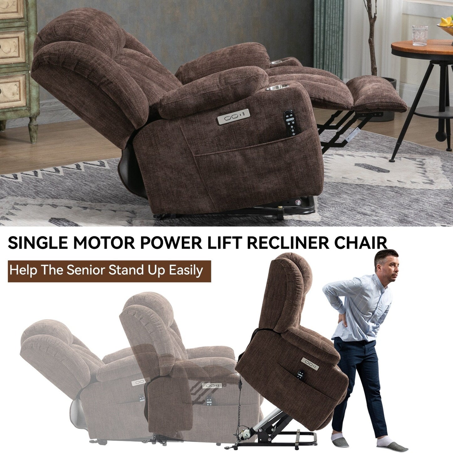 Fauteuil inclinable électrique gris avec massage, chauffage lombaire, ports USB et Type-C et porte-gobelets en acier inoxydable