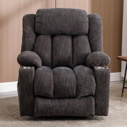 Fauteuil inclinable électrique gris avec massage, chauffage lombaire, ports USB et Type-C et porte-gobelets en acier inoxydable