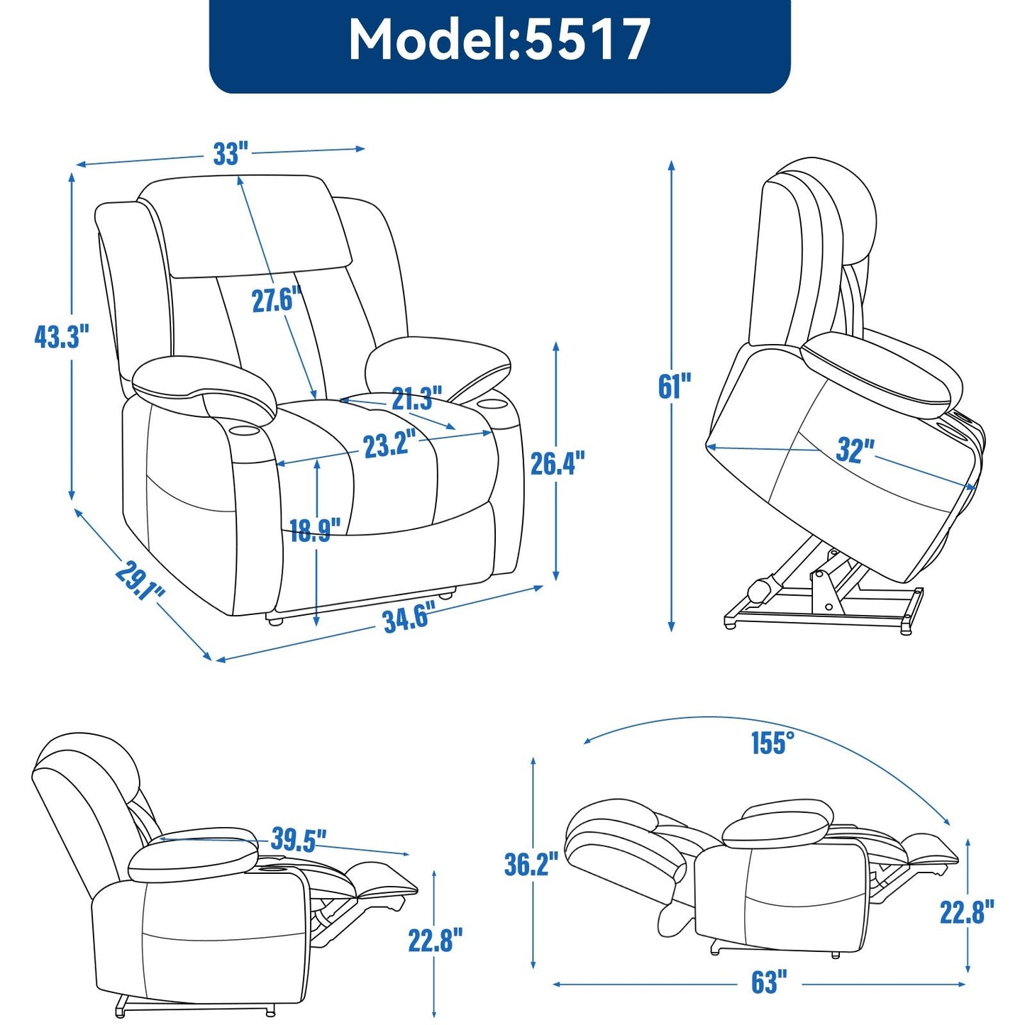 Fauteuil inclinable électrique gris avec massage, chauffage lombaire, ports USB et Type-C et porte-gobelets en acier inoxydable