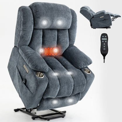 Fauteuil inclinable électrique gris avec massage, chauffage lombaire, ports USB et Type-C et porte-gobelets en acier inoxydable