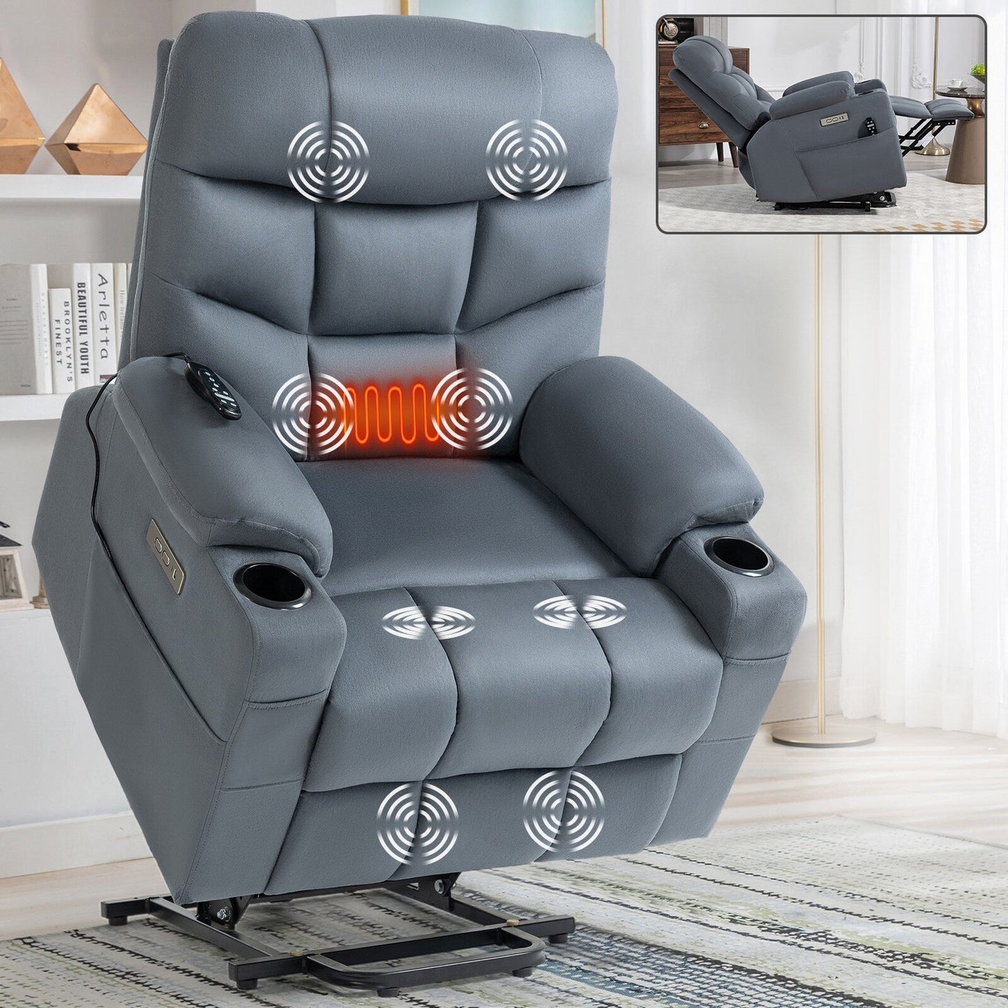 Fauteuil inclinable électrique gris avec moteur Okin, massage 8 points, chauffage lombaire, ports USB et Type-C, deux porte-gobelets