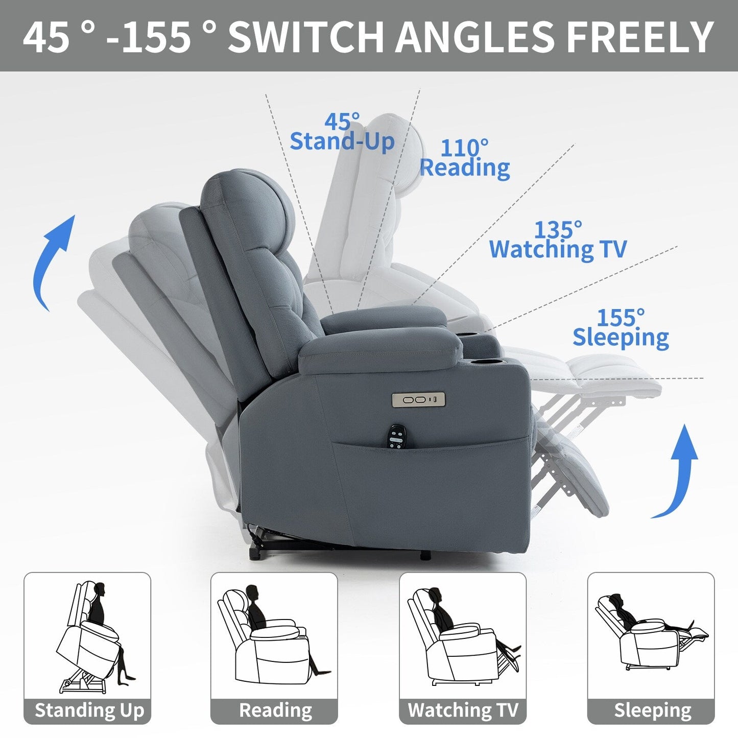 Fauteuil inclinable électrique gris avec moteur Okin, massage 8 points, chauffage lombaire, ports USB et Type-C, deux porte-gobelets
