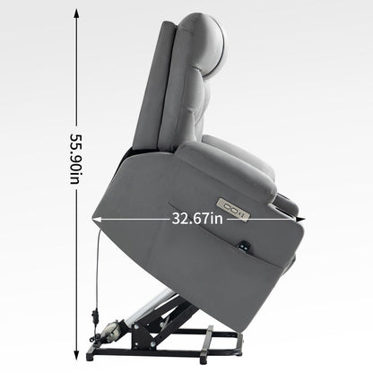 Fauteuil inclinable électrique gris avec moteur Okin, massage 8 points, chauffage lombaire, ports USB et Type-C, deux porte-gobelets