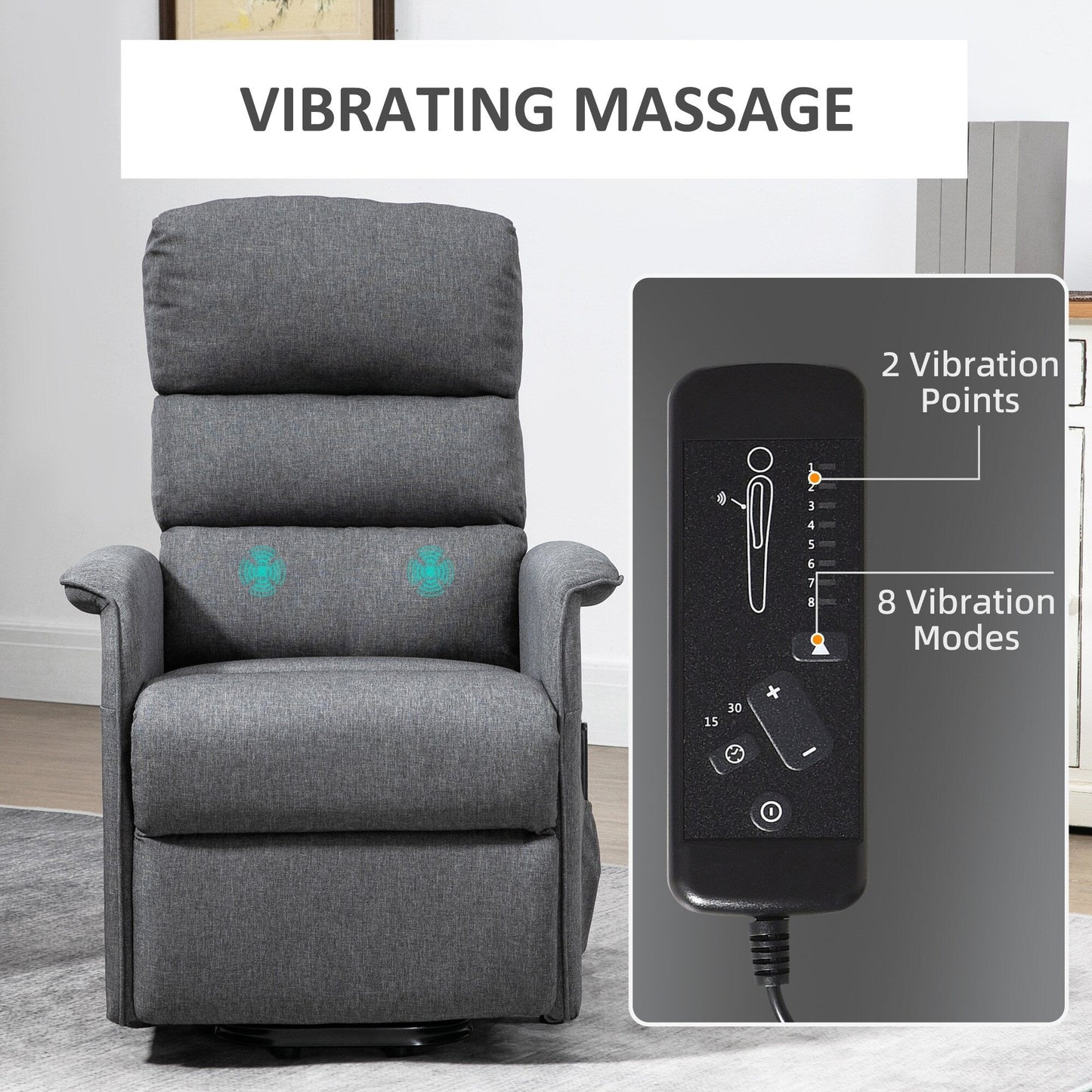 Fauteuil inclinable électrique gris conçu pour les personnes âgées avec massage par vibration, télécommande, poches latérales et revêtement en tissu moelleux