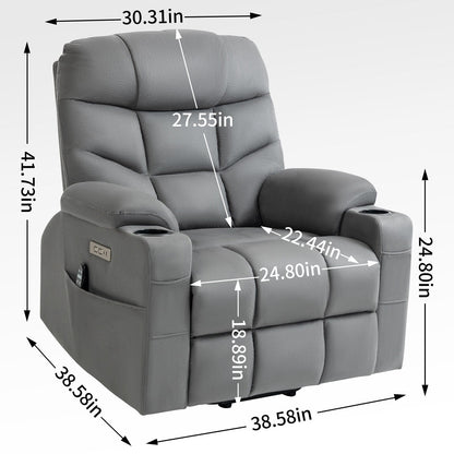 Fauteuil inclinable électrique gris avec moteur Okin, massage par vibrations à 8 points, chauffage lombaire, ports USB et Type-C, deux porte-gobelets