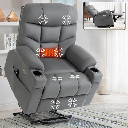 Fauteuil inclinable électrique gris avec moteur Okin, massage par vibrations à 8 points, chauffage lombaire, ports USB et Type-C, deux porte-gobelets