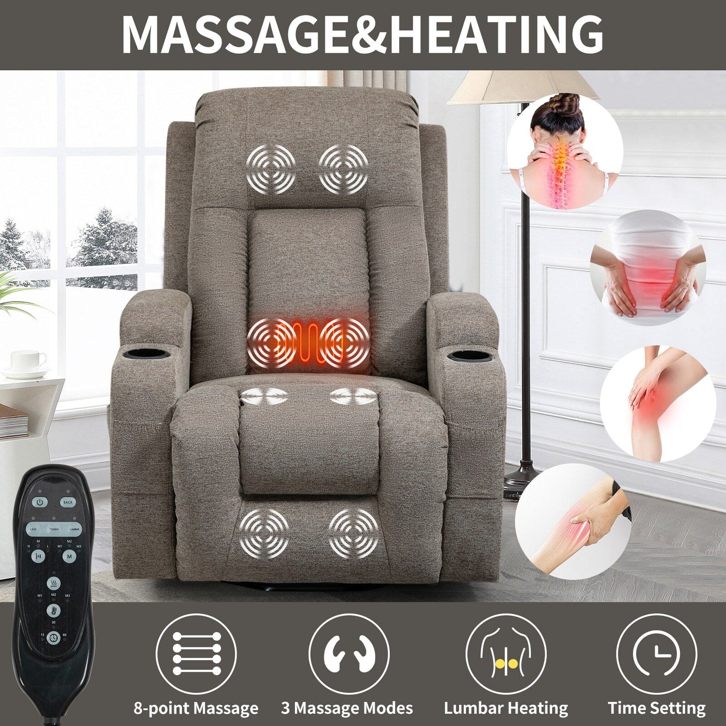 Fauteuil inclinable électrique gris pour personnes âgées avec massage et chauffage, ports de charge USB, porte-gobelets et positions d'inclinaison réglables.