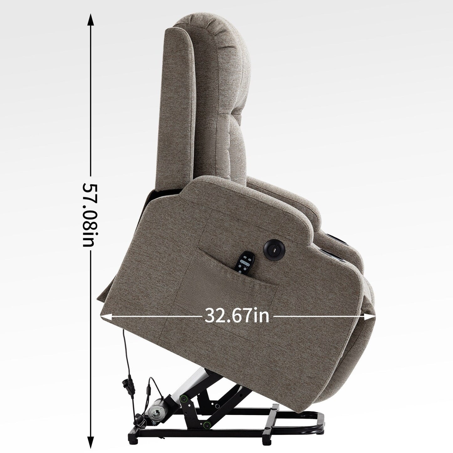 Fauteuil inclinable électrique gris pour personnes âgées avec massage et chauffage, ports de charge USB, porte-gobelets et positions d'inclinaison réglables.