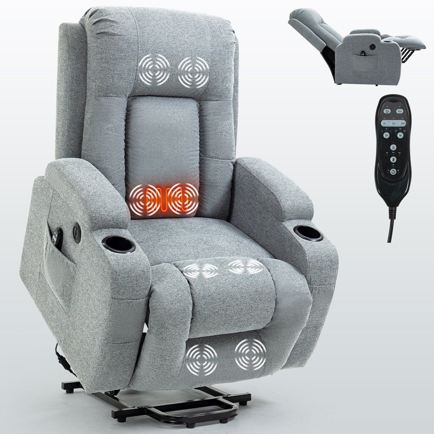 Fauteuil inclinable électrique gris pour personnes âgées avec massage, chauffage et ports USB