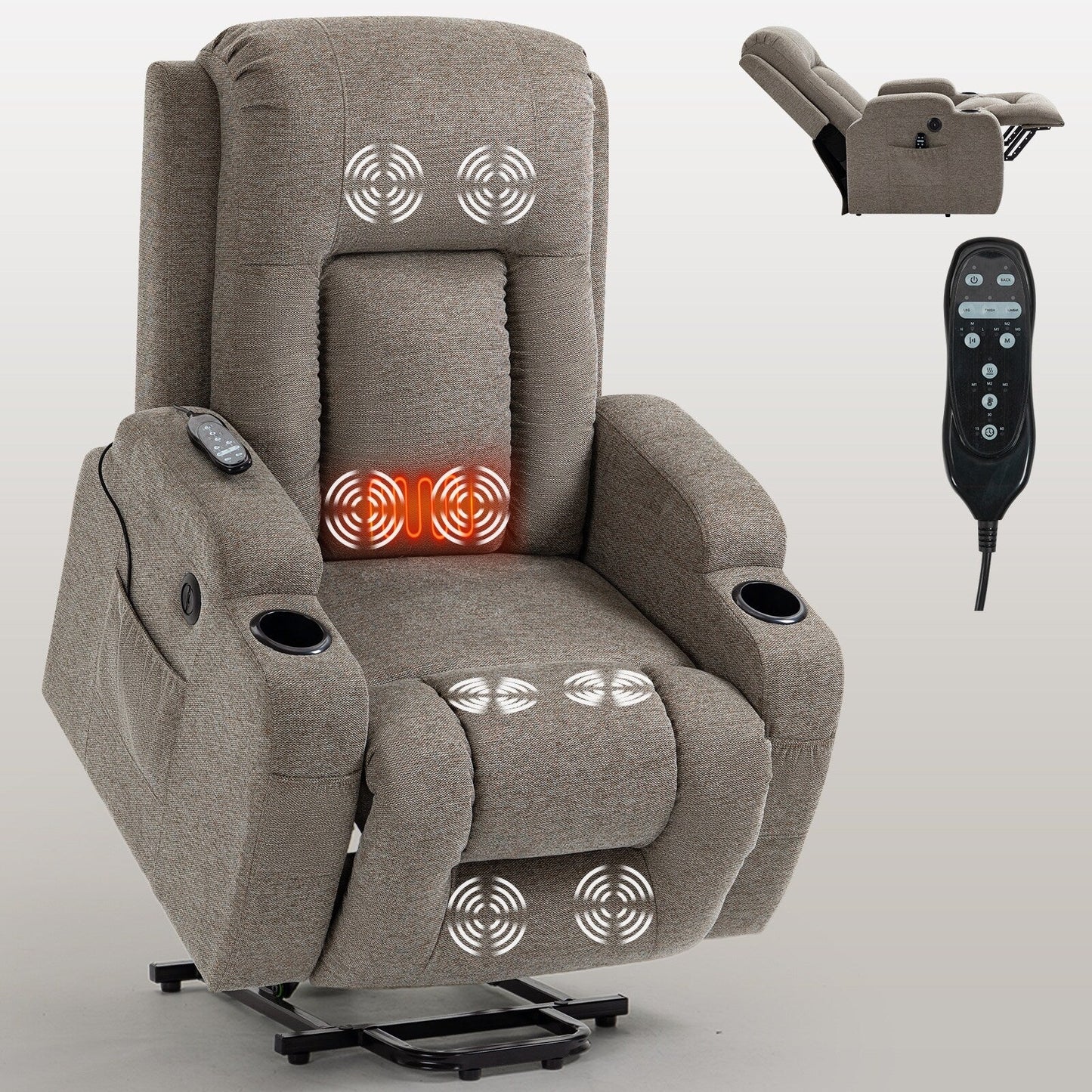 Fauteuil inclinable électrique gris pour personnes âgées avec massage, chauffage et ports USB