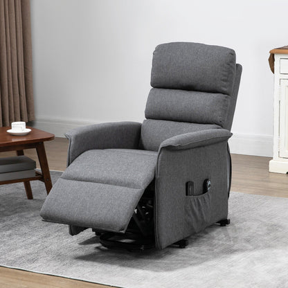 Fauteuil inclinable électrique gris pour personnes âgées avec massage par vibrations, télécommande, poches latérales et revêtement en tissu confortable.