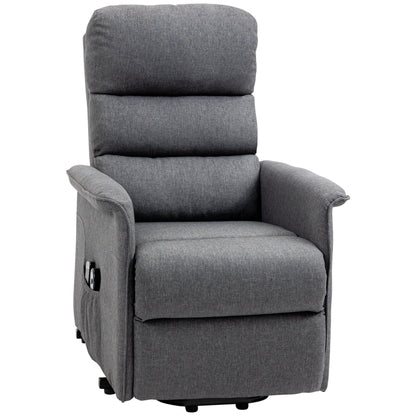 Fauteuil inclinable électrique gris pour personnes âgées avec massage par vibrations, télécommande, poches latérales et revêtement en tissu confortable.