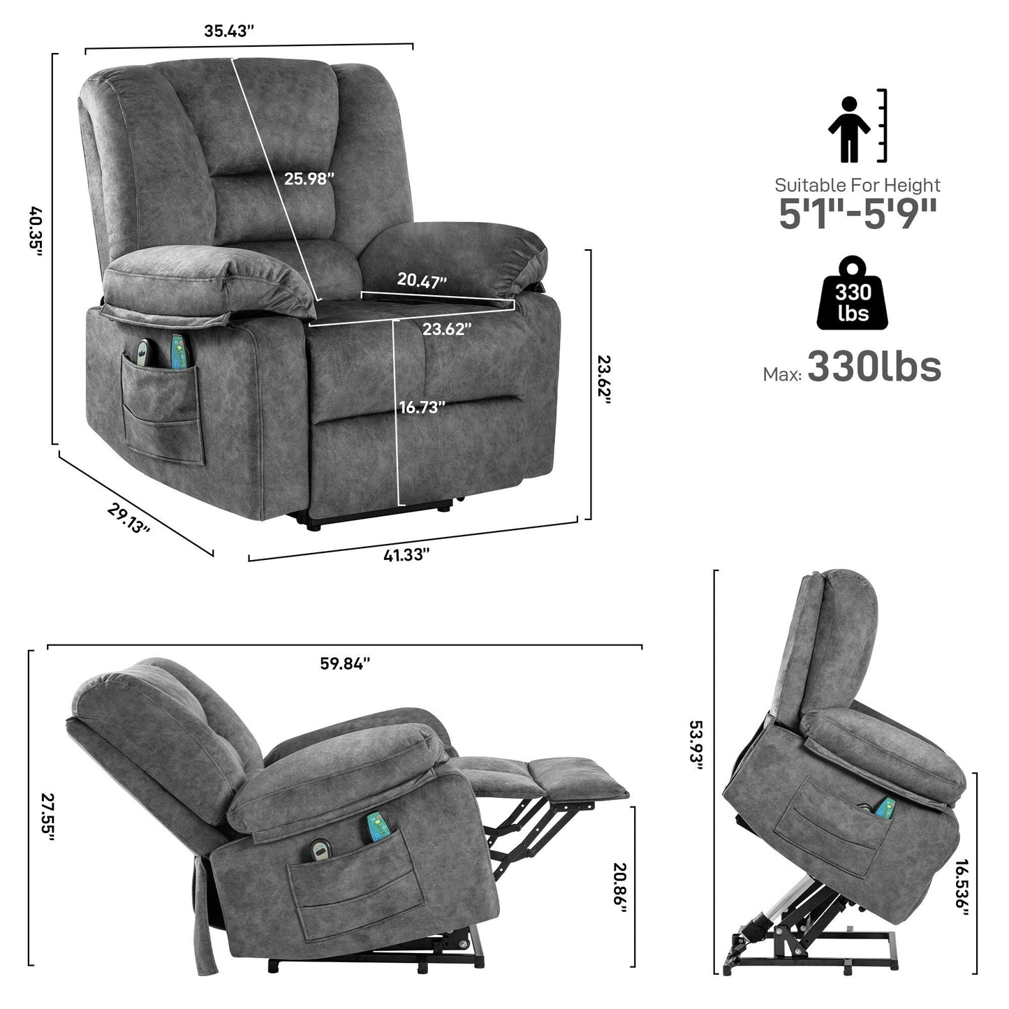 Fauteuil inclinable électrique gris pour personnes âgées avec massage chauffant, inclinaison réglable, montage facile et soutien moelleux