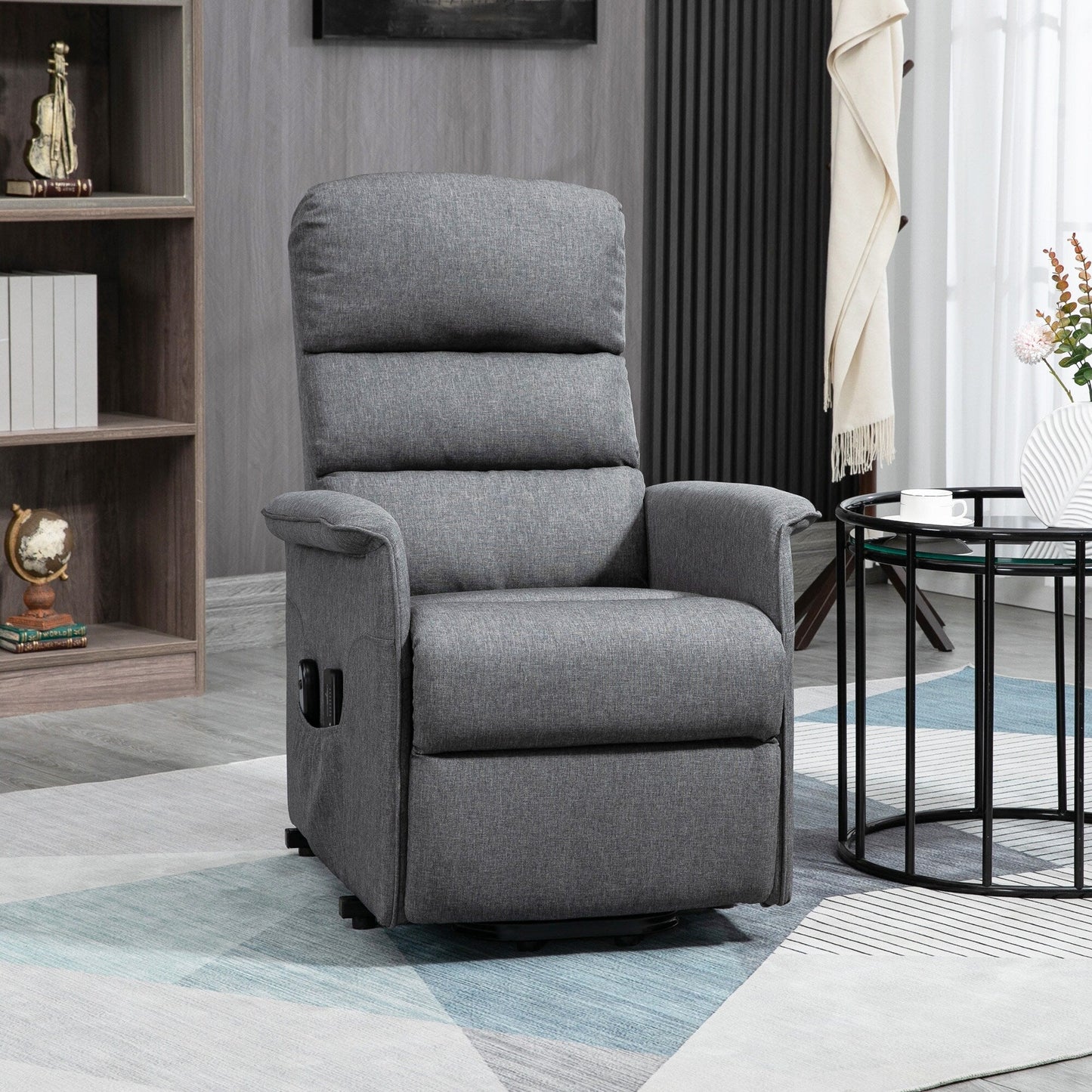 Fauteuil inclinable électrique gris pour personnes âgées avec massage par vibrations, télécommande, poches latérales et revêtement en tissu doux