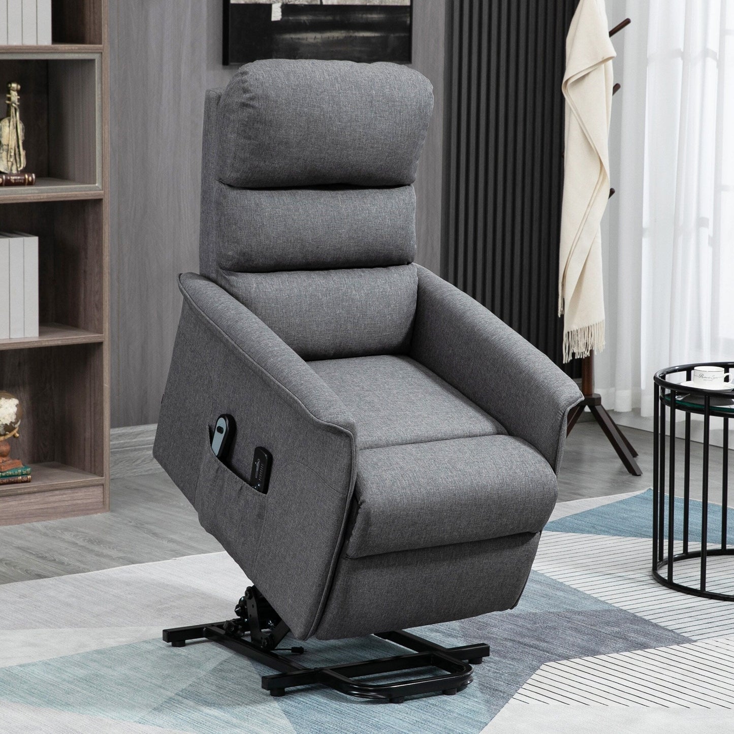 Fauteuil inclinable électrique gris pour personnes âgées avec massage par vibrations, télécommande, poches latérales et revêtement en tissu doux