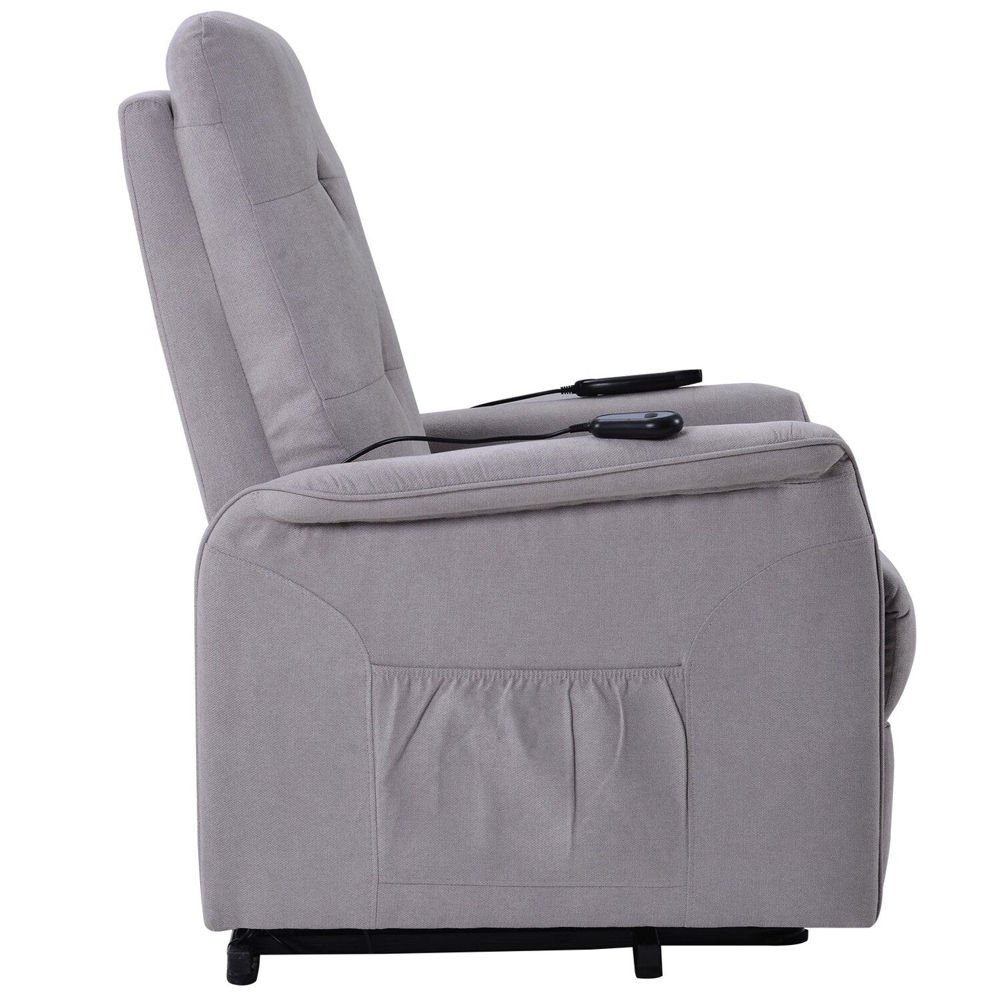 Fauteuil inclinable électrique gris avec massage réglable, coussin rembourré, télécommande et poches latérales pratiques