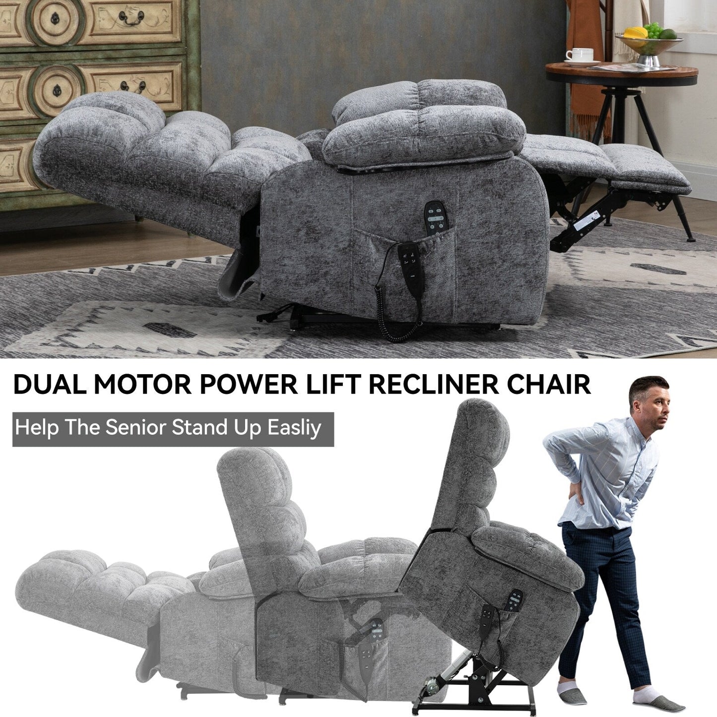 Fauteuil inclinable électrique gris avec chauffage, massage, deux moteurs, positionnement infini, supporte jusqu'à 350 lb