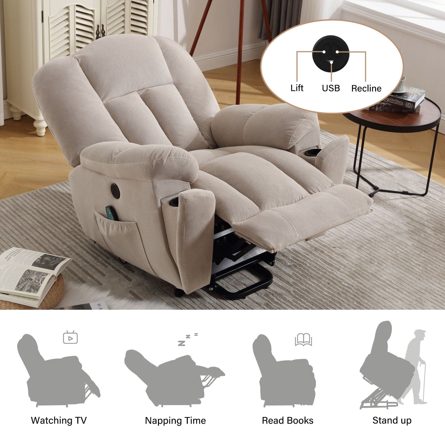 Fauteuil inclinable électrique gris avec chauffage, massage, port USB et positions infinies
