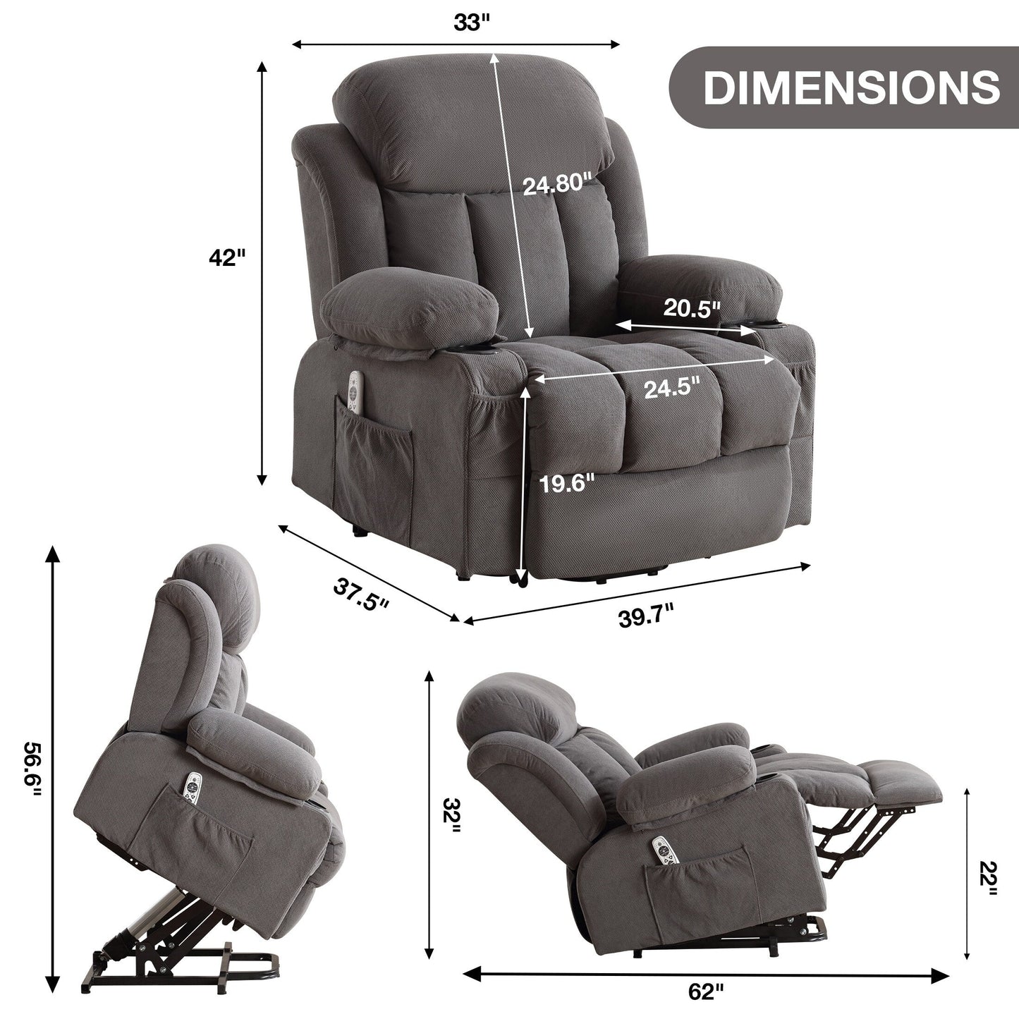 Fauteuil inclinable électrique gris avec chauffage, massage, port USB et télécommande