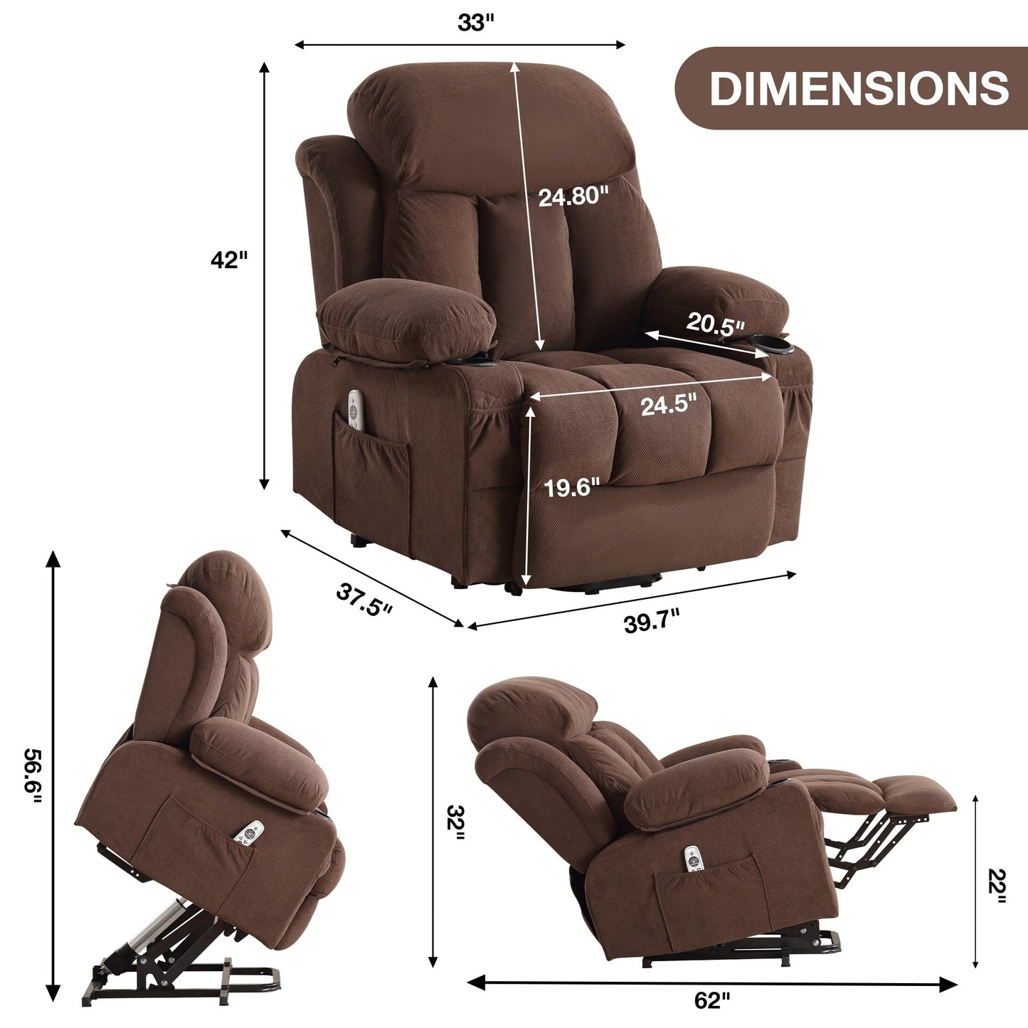 Fauteuil inclinable électrique gris avec massage chauffant, chargement USB, télécommande et poches latérales pratiques pour les personnes âgées