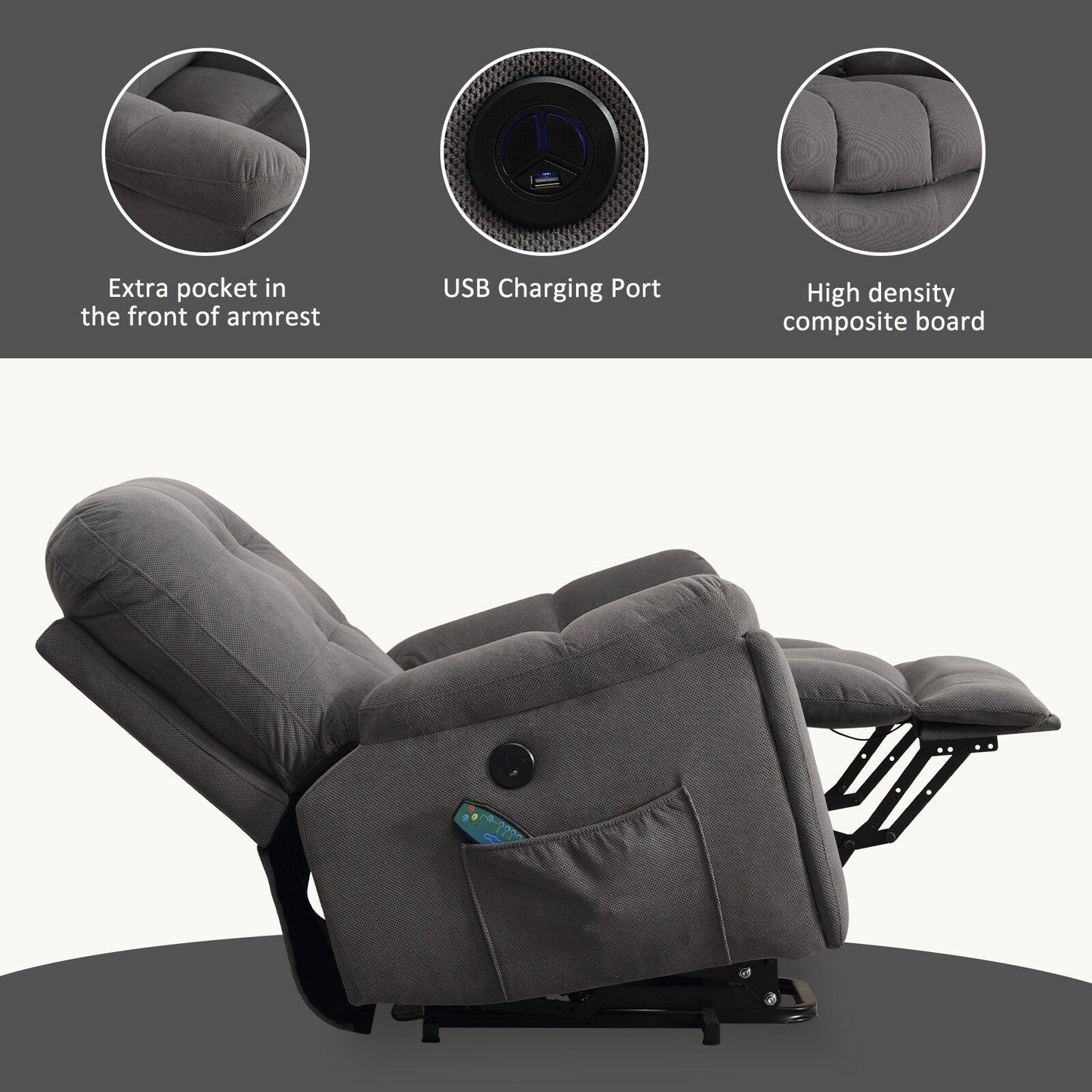 Fauteuil inclinable électrique gris avec porte-gobelets dissimulés et massage