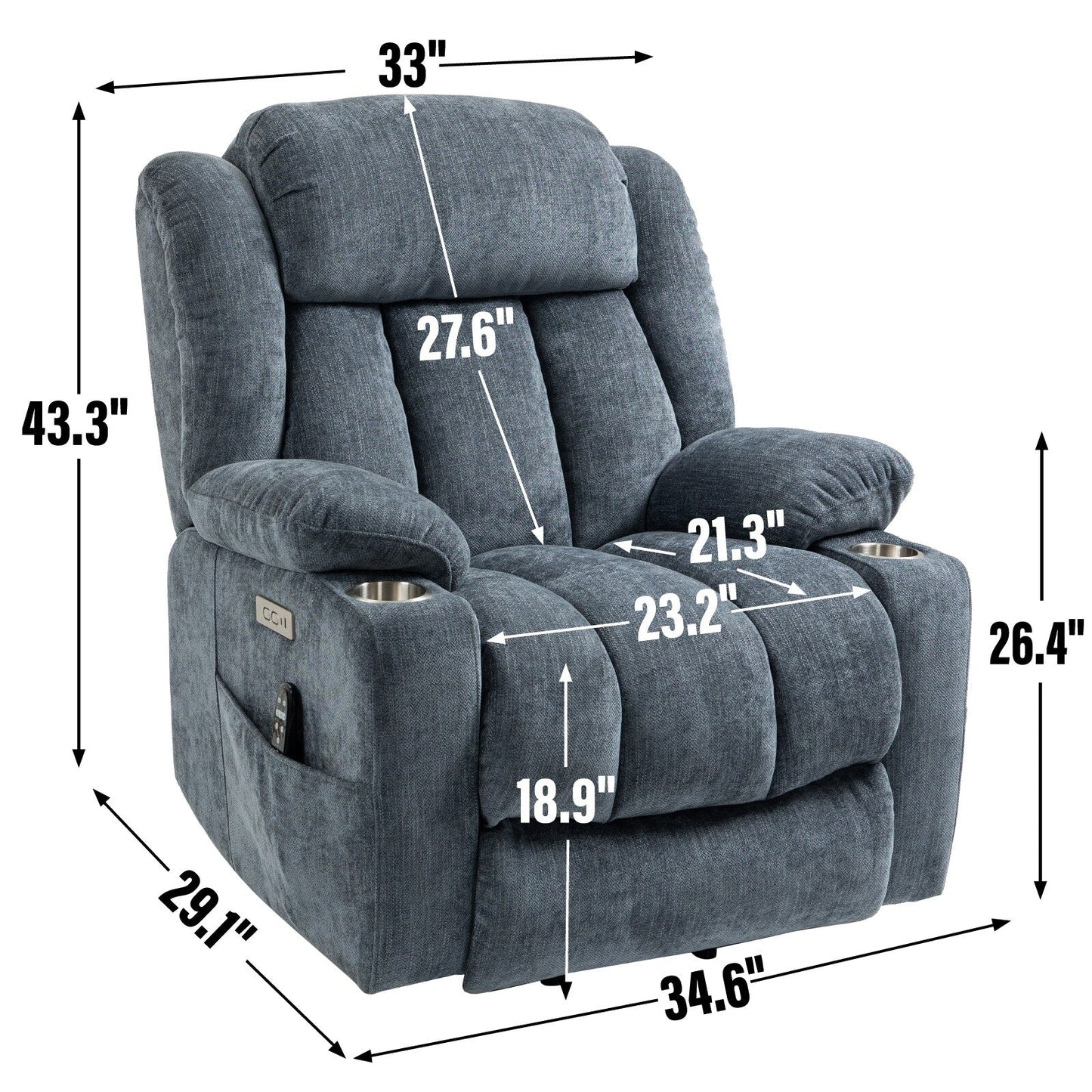 Fauteuil inclinable électrique gris avec chauffage lombaire, massage, ports de charge USB et Type-C et porte-gobelets en acier inoxydable