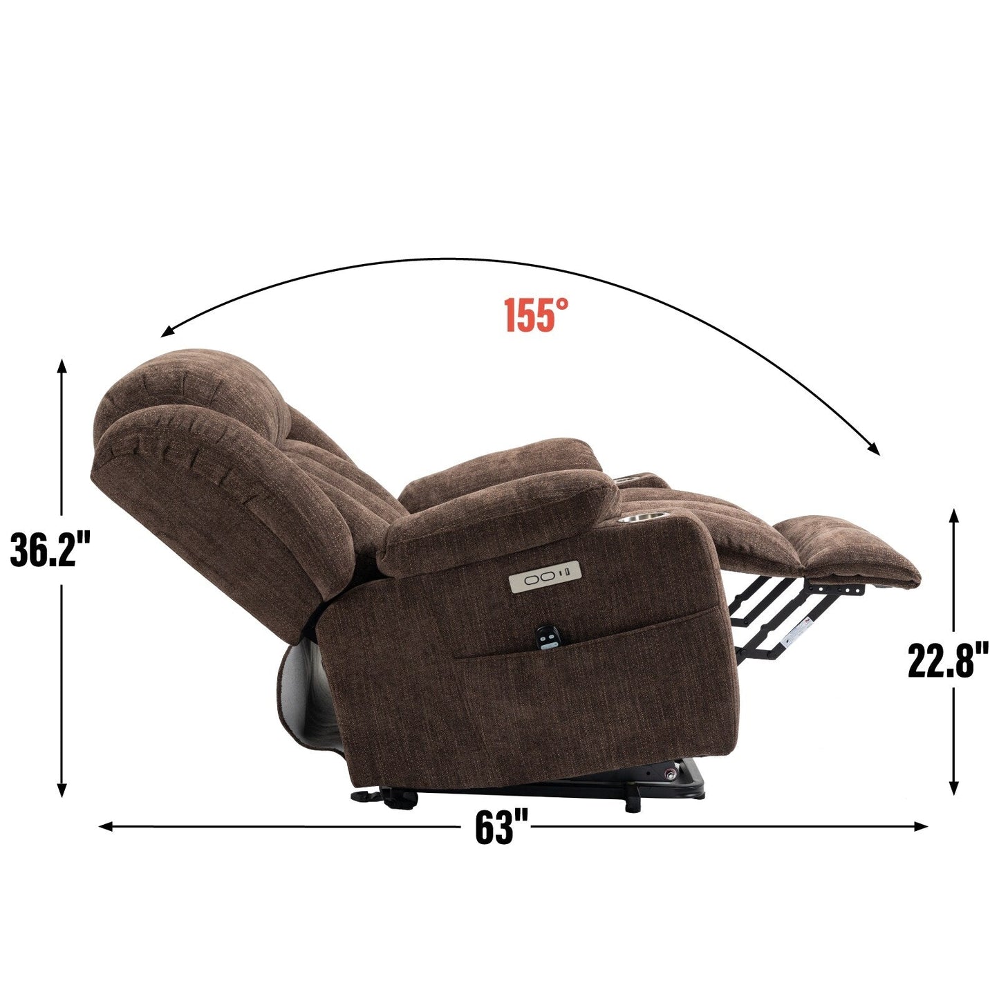 Fauteuil inclinable électrique gris avec chauffage lombaire, massage, ports de charge USB et Type-C et porte-gobelets en acier inoxydable