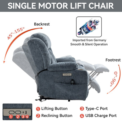 Fauteuil inclinable électrique gris avec chauffage lombaire, massage, ports de charge USB et Type-C et porte-gobelets en acier inoxydable