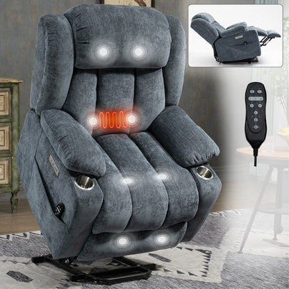Fauteuil inclinable électrique gris avec chauffage lombaire, massage, ports de charge USB et Type-C et porte-gobelets en acier inoxydable
