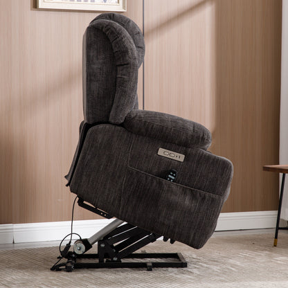 Fauteuil inclinable électrique gris avec chauffage lombaire, massage, ports de charge USB et Type-C et porte-gobelets en acier inoxydable