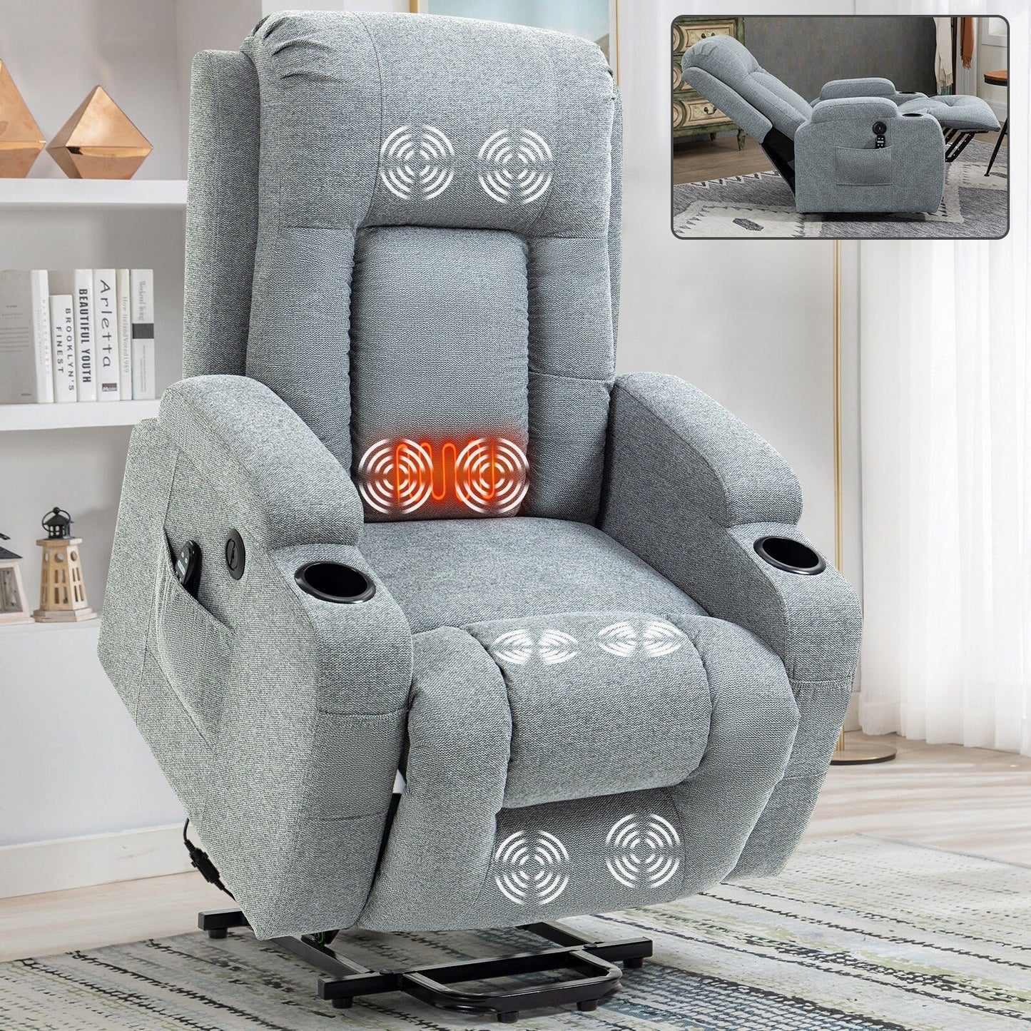 Fauteuil inclinable électrique gris avec massage, porte-gobelets chauffants