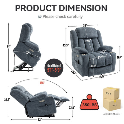Fauteuil inclinable électrique gris avec massage, chauffage et porte-gobelets