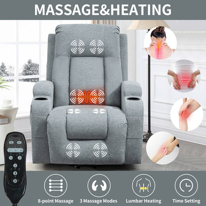 Fauteuil inclinable électrique gris avec massage, porte-gobelets chauffants