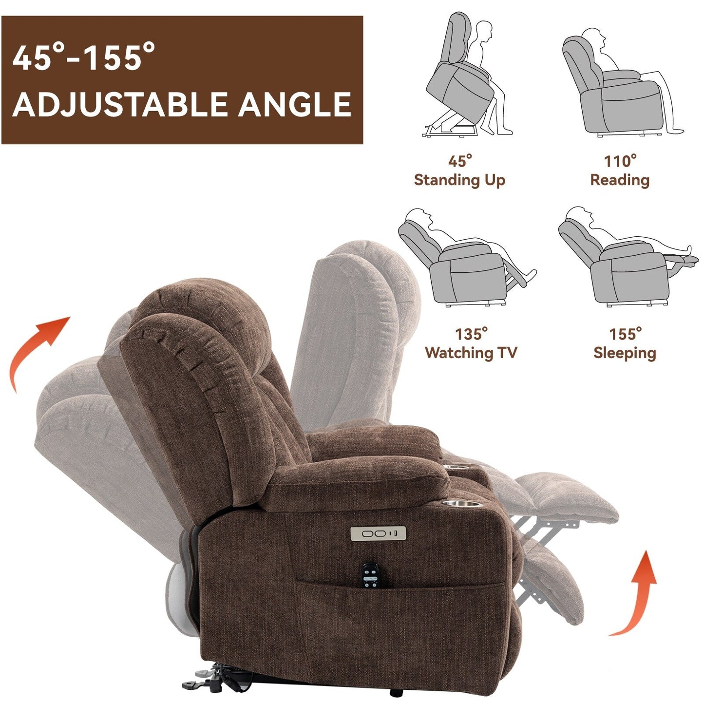 Fauteuil inclinable électrique gris avec massage, chauffage et porte-gobelets