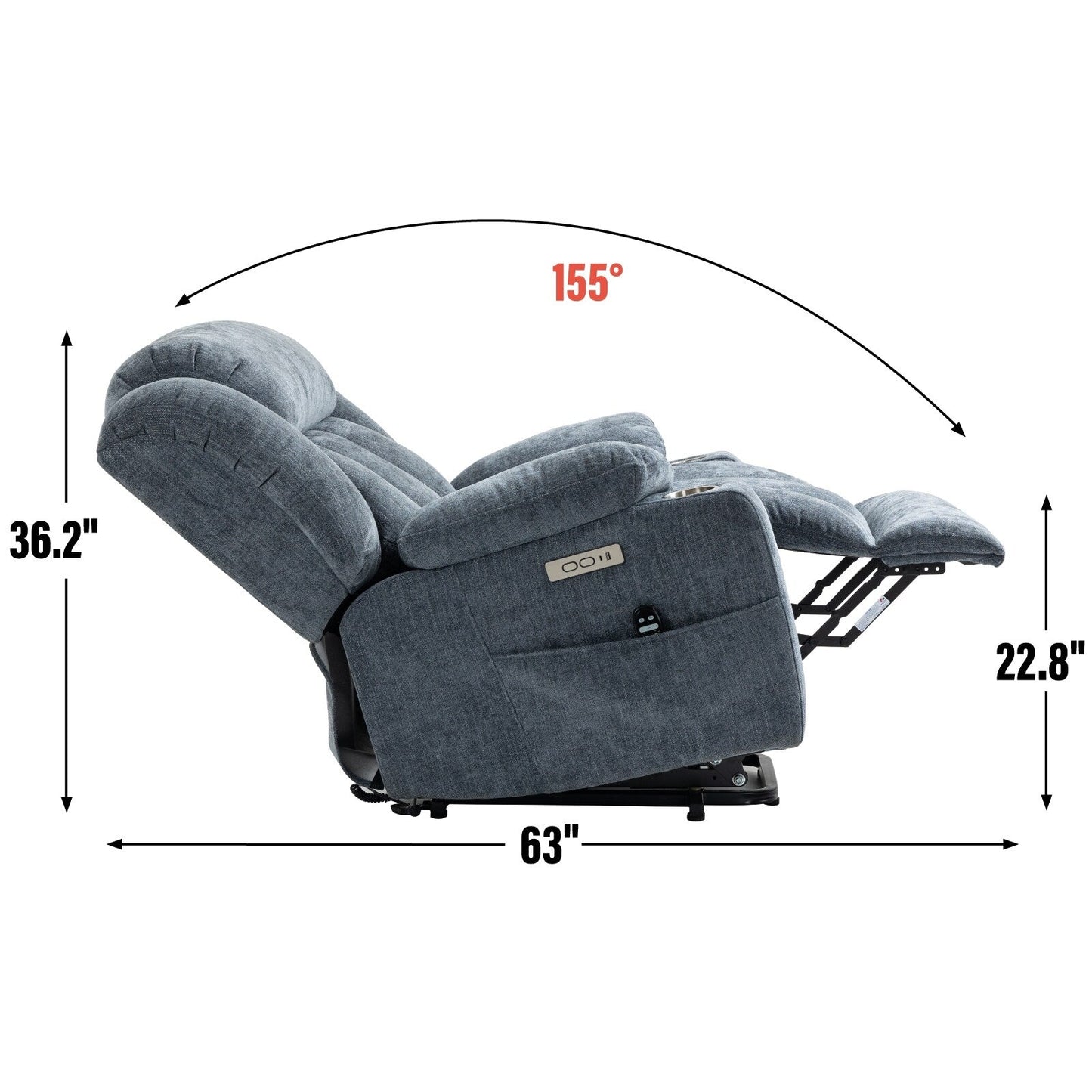 Fauteuil inclinable électrique gris avec massage, chauffage et porte-gobelets
