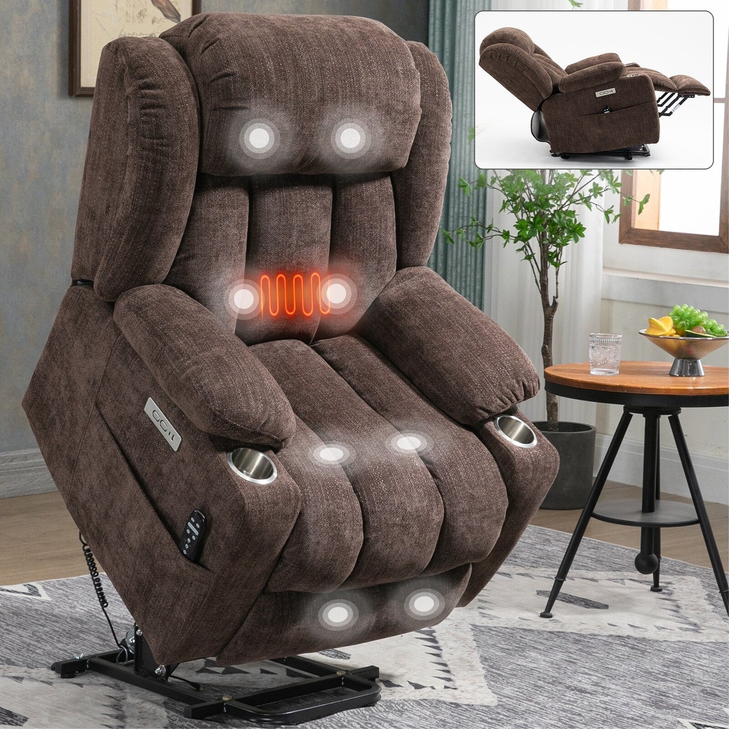 Fauteuil inclinable électrique gris avec massage, chauffage et porte-gobelets