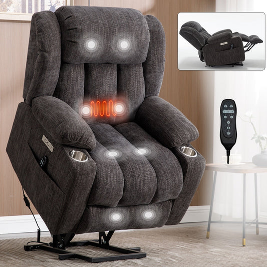Fauteuil inclinable électrique gris avec massage, chauffage et porte-gobelets