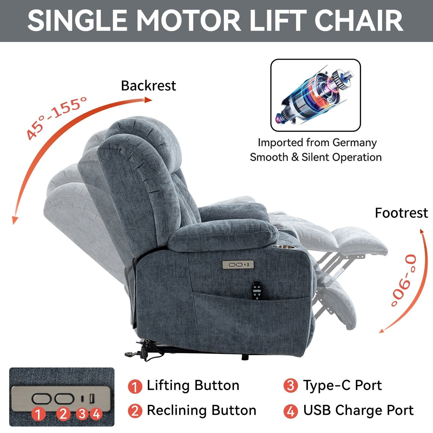 Fauteuil inclinable électrique gris avec massage, chauffage et porte-gobelets