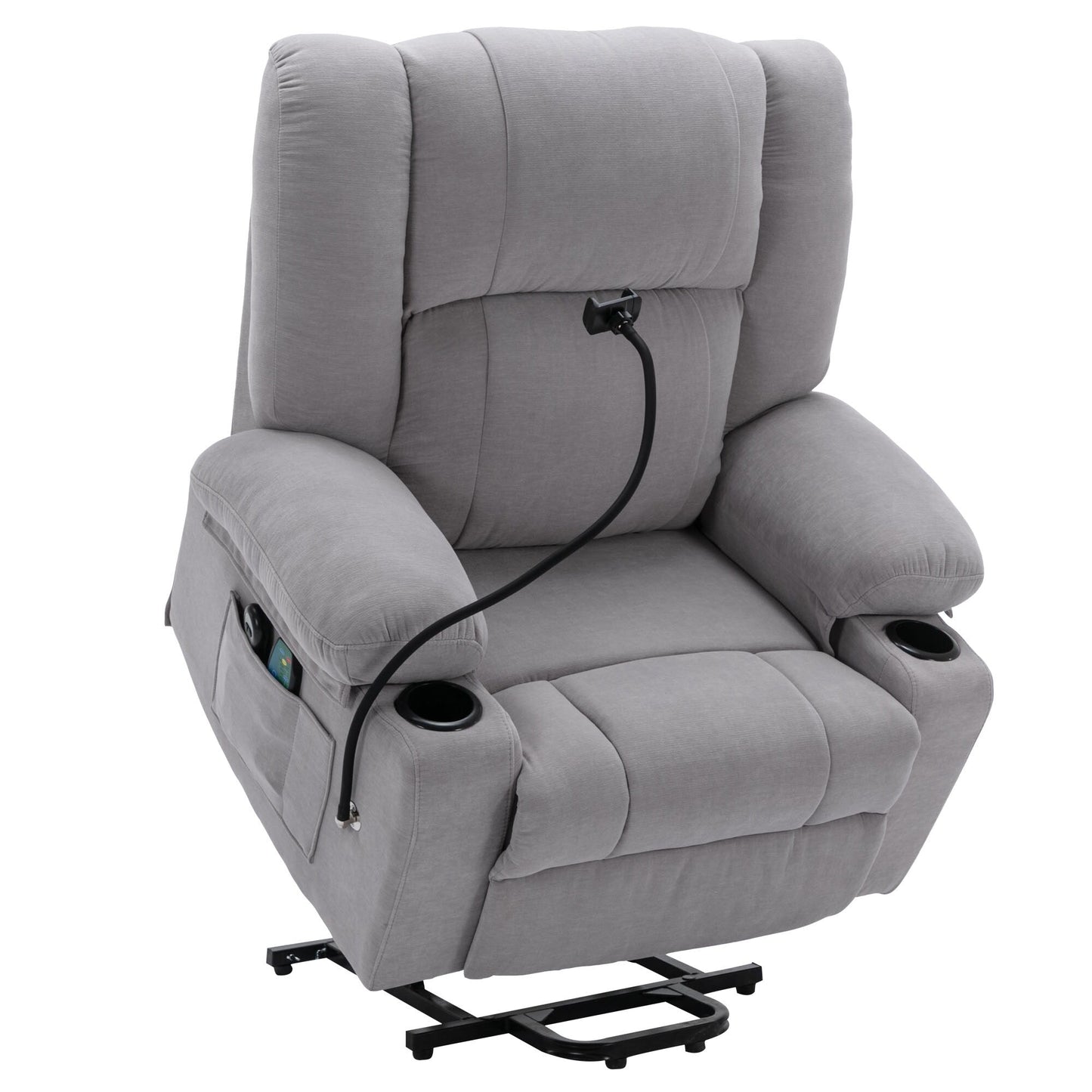 Fauteuil inclinable électrique gris avec massage, chauffage et support pour téléphone