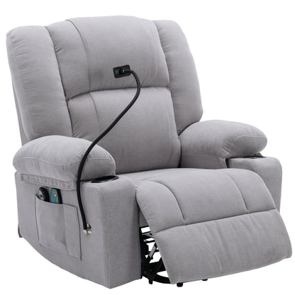 Fauteuil inclinable électrique gris avec massage, chauffage et support pour téléphone