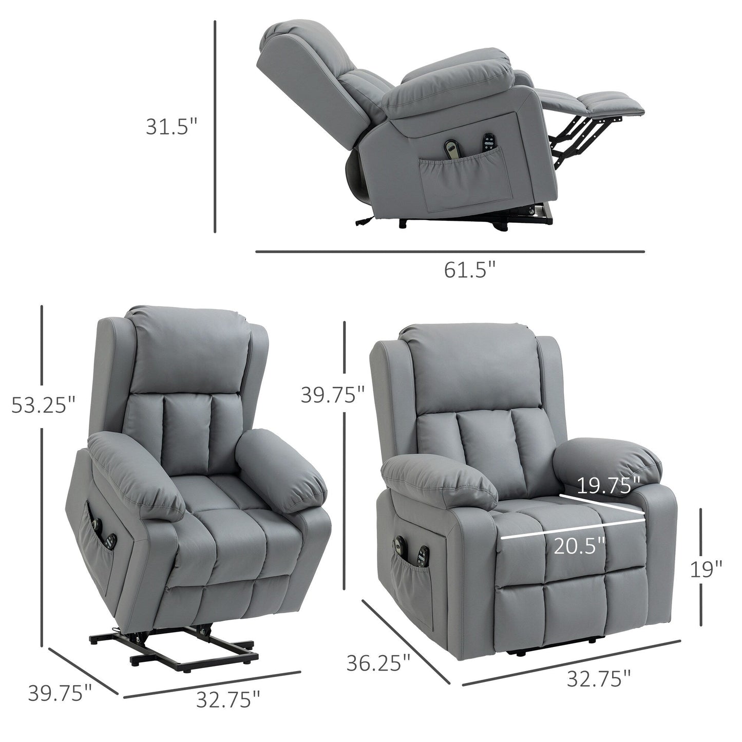 Fauteuil inclinable électrique gris avec massage, chauffage et télécommande