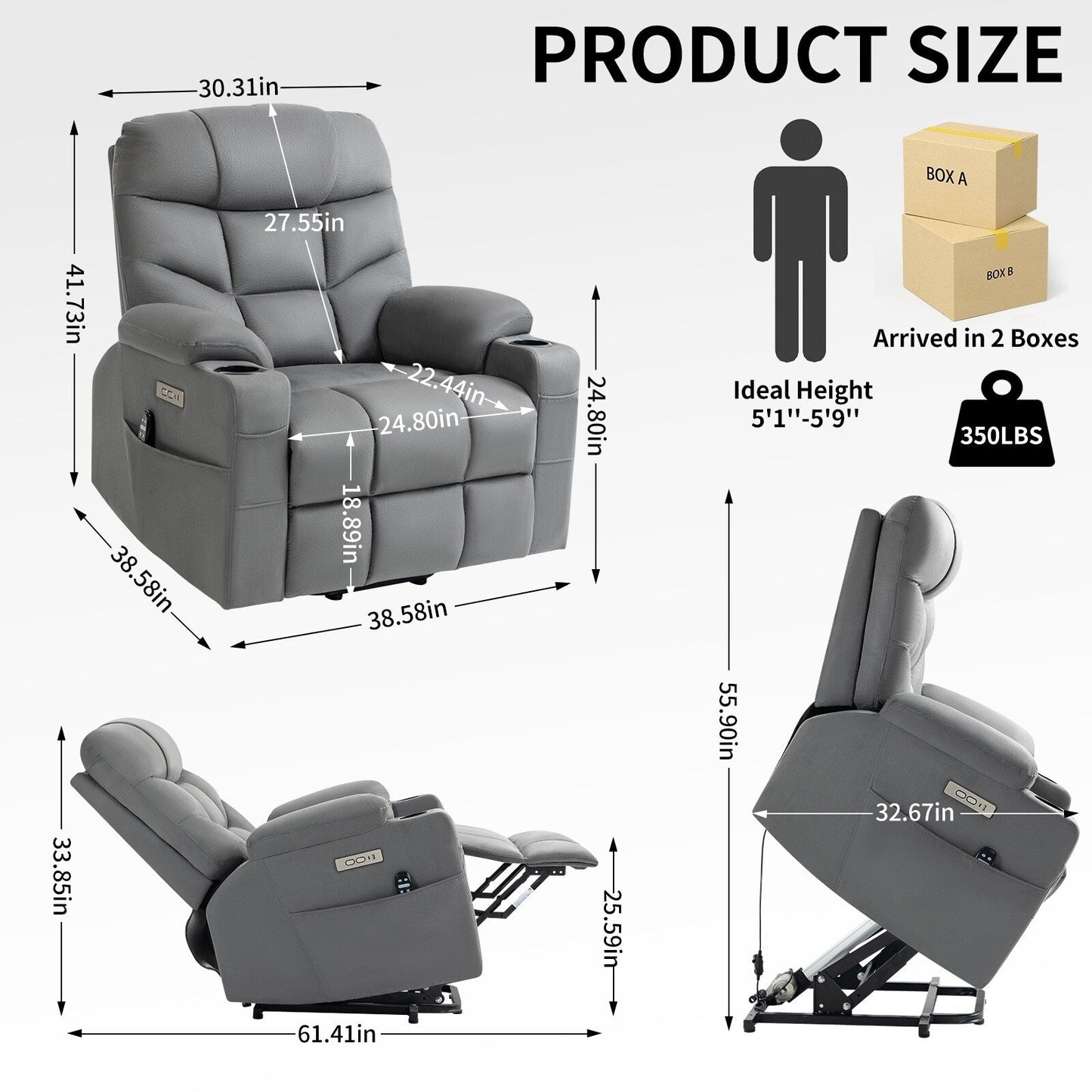 Fauteuil inclinable électrique gris avec massage, chauffage et ports USB