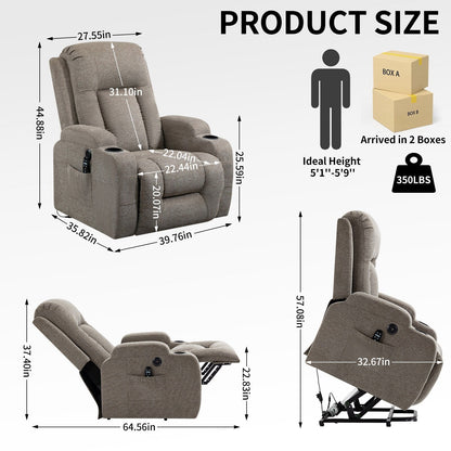 Fauteuil inclinable électrique gris avec massage, chauffage, soutien lombaire, port USB, deux porte-gobelets et poches latérales