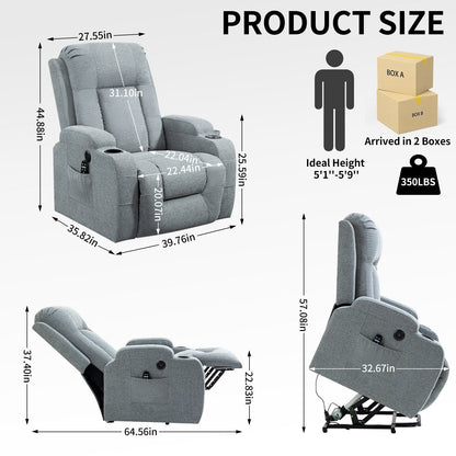 Fauteuil inclinable électrique gris avec massage, chauffage, soutien lombaire, port USB, deux porte-gobelets et poches latérales