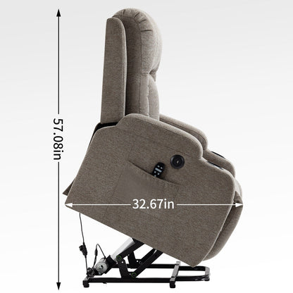 Fauteuil inclinable électrique gris avec massage, chauffage, soutien lombaire, port USB, deux porte-gobelets et poches latérales